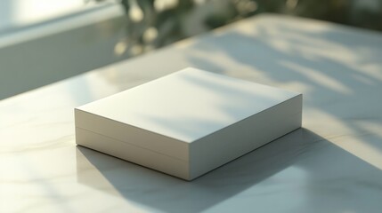 A simple, blank gift box on a minimalistic surface, focusing on clean lines, soft shadows, and modern design