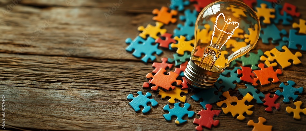 Poster Innovation and idea creation scene, light bulb sketch on a puzzle with scattered puzzle pieces on a wooden desk, symbolizing creative thinking