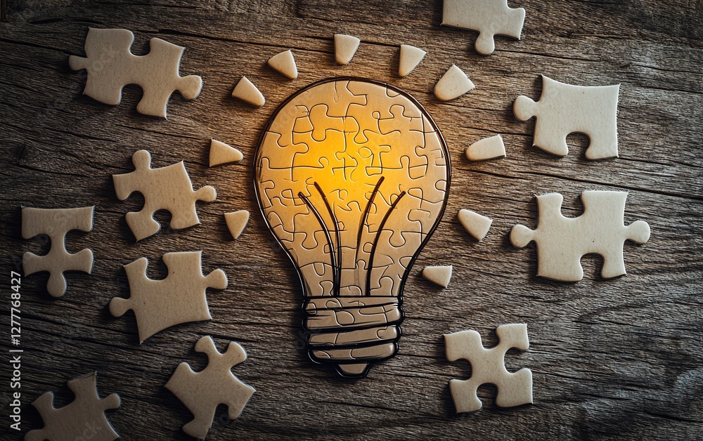 Poster Idea creation visualized with a light bulb drawn on a puzzle, puzzle pieces arranged on a wooden desk, representing the process of problemsolving and creativity