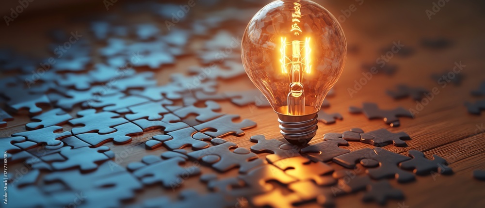 Poster Innovation and idea creation scene, light bulb sketch on a puzzle with scattered puzzle pieces on a wooden desk, symbolizing creative thinking