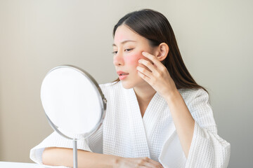 Dermatology, scratch asian young woman looking at mirror, expression worry and itch, itchy allergy...