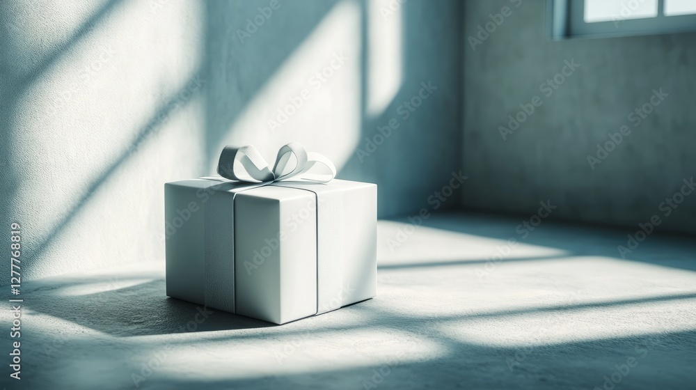 Poster a simple blank gift box on a minimalistic surface, soft light creating a clean and contemporary look