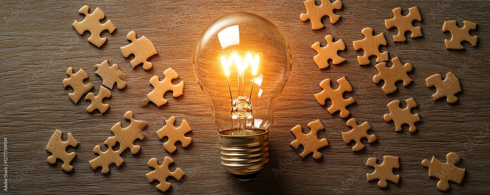Poster light bulb symbolizing ideas drawn on a puzzle, puzzle pieces scattered across a wooden desk, repres
