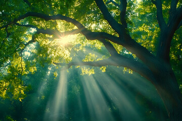 Sunbeams through lush forest canopy
