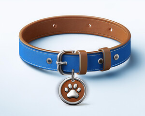 3D pet collar for a dog or cat's neck. An illustration of a brown paw print circle emblem with a blue leather belt with a buckle. An lonely domestic animal item on a white background