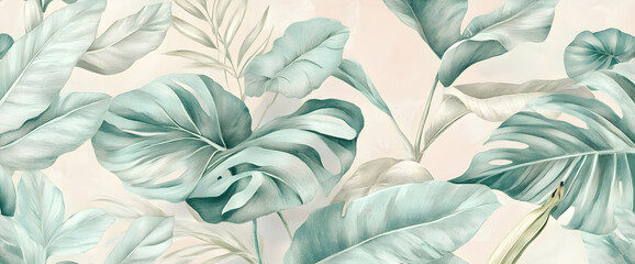 Fototapeta premium Tropical teal leaf wallpaper, botanical print, nature background