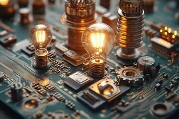 Illuminated Ideas Glowing Lightbulbs on Circuit Board Technological Innovation Concept