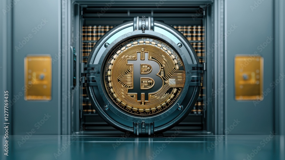 Poster a gold bitcoin symbol is displayed prominently in front of a vault door, symbolizing security and va
