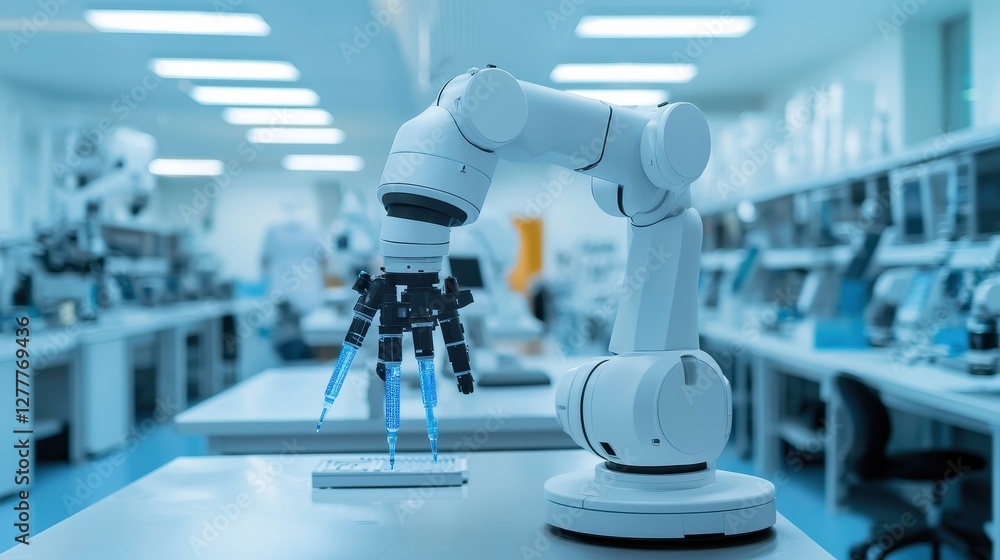 Poster a robotic arm in a modern laboratory setting, showcasing advanced technology and automation in a cle