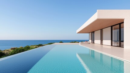Fototapeta premium A modern villa with an infinity pool overlooks a serene ocean under a clear blue sky, offering a tranquil and luxurious escape.