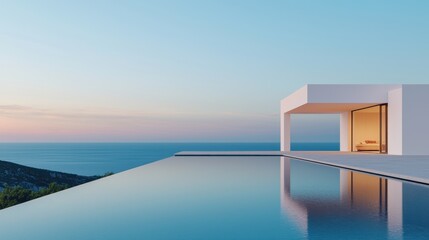 A modern villa with a stunning infinity pool overlooks a serene ocean at sunset, creating a tranquil and luxurious atmosphere.