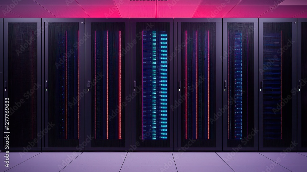 Poster a row of sleek data servers illuminated with vibrant lights, showcasing advanced technology in a mod