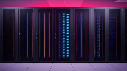 Fototapeta premium A row of sleek data servers illuminated with vibrant lights, showcasing advanced technology in a modern data center.