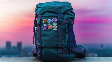 A vibrant backpack with various patches sits against a colorful sunset backdrop, showcasing an adventurous spirit and a love for travel.