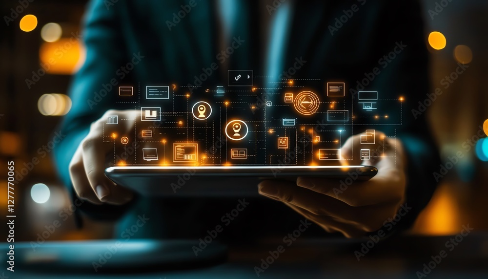 Aufkleber ecommerce marketing visual, business person using a tablet computer, network structure, and digital 