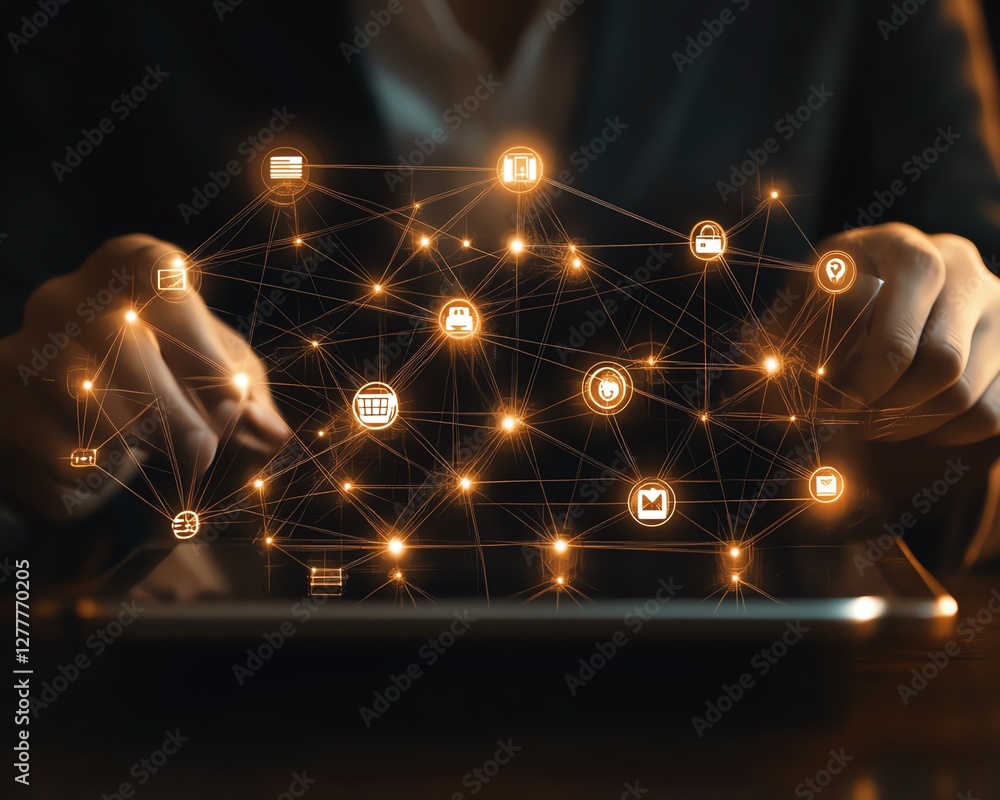 Poster Marketing and technology concept with a business person using a tablet computer, ecommerce icons, and a complex network structure surrounding them