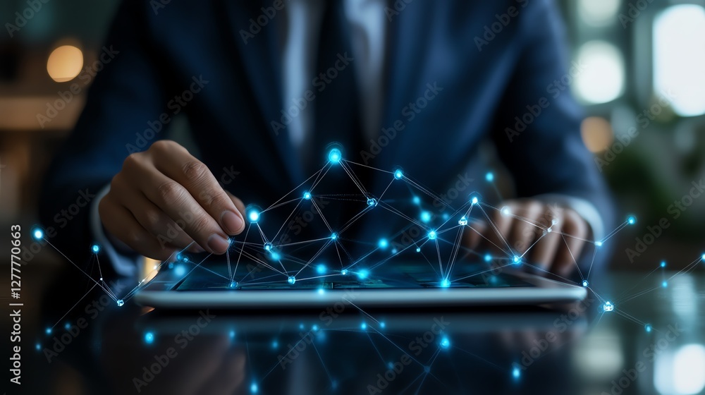 Poster business person interacting with a tablet, with network structure and ecommerce icons in the backgro