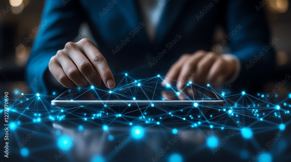 Aufkleber business person interacting with a tablet, with network structure and ecommerce icons in the backgro