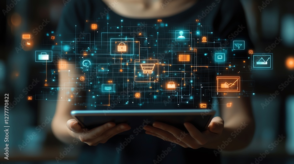 Leinwandbilder business person with a tablet, surrounded by a dynamic network structure and floating ecommerce icon
