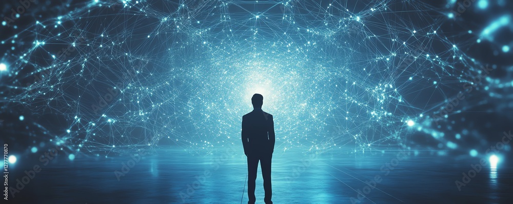Poster Businessperson analyzing information from the internet, interacting with a vast digital network structure, symbolizing data analysis and connectivity
