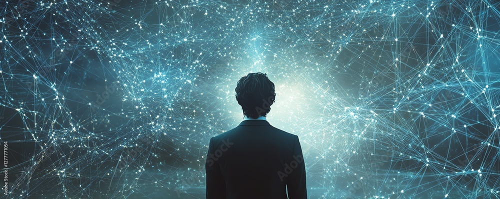 Poster businessperson analyzing data from the internet, surrounded by a complex network structure, represen