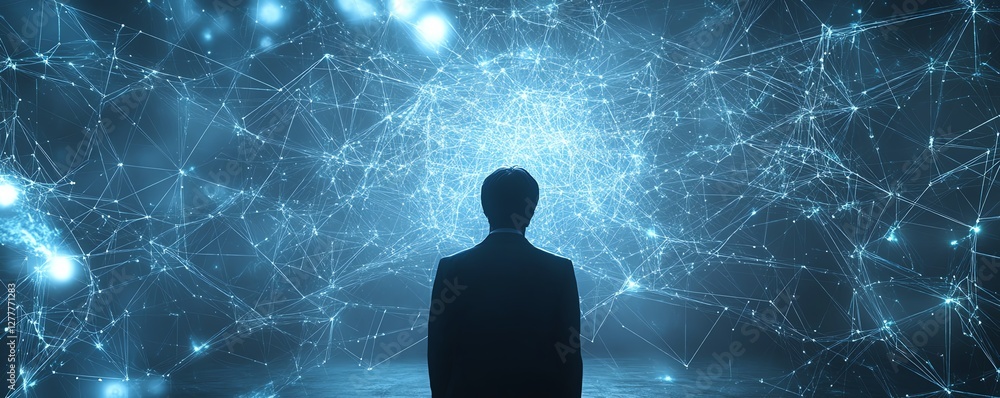 Poster Data network and analysis concept with a businessperson collecting information via the internet, surrounded by a web of interconnected network structures