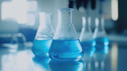 Blue Liquid in Erlenmeyer Flasks,  A Close-up View of Scientific Experimentation