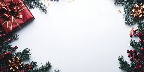Christmas background with a red and gold bow, pine branches, berries, and decorations on th