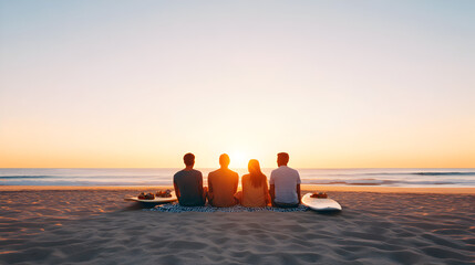 Sunset gathering of friends on beach ocean view lifestyle photography serene atmosphere