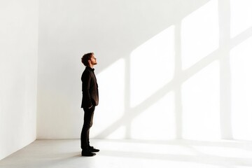 Obraz premium Businessman standing in front of office building with a confident look, symbolizing success and professionalism in the workplace
