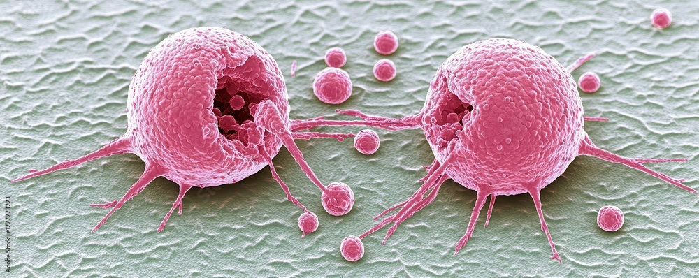 Poster microscopic view of pink cells, showcasing their unique structures and surrounding smaller particles