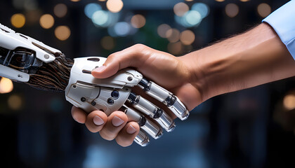 A close-up of a human hand shaking hands with a robotic hand, symbolizing collaboration between humans and AI