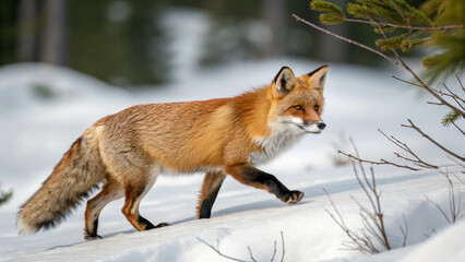 Obraz premium red fox walking gracefully through snowy landscape, showcasing its vibrant fur
