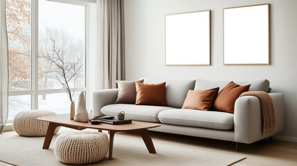 A minimalist living room featuring a sleek gray sofa, a small wooden coffee table, and a large window with natural light. Perfect for modern interior design concepts.