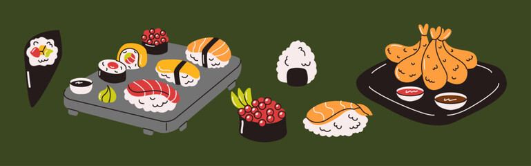 Illustration of a set of sushi rolls, nigiri, and tempura shrimp, arranged on a dark background, emphasizing the vibrant colors of traditional Asian cuisine.