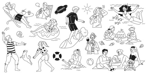 Minimalistic black and white doodle illustration of summer vacation at the beach, featuring people surfing, relaxing, and playing in a playful and cheerful style.