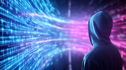 A hooded cybercriminal launching a DDoS attack, surrounded by abstract neon data waves representing the internet. A dark, high-tech hacking theme perfect for cybersecurity concepts.