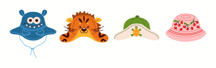 Illustration showcasing a mix of four bucket hats with fruit and animal themes, ideal for playful children's summer accessories. © ApoevArt
