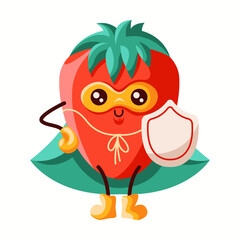 Energetic strawberry superhero in a purple mask and cape, running forward. A bold and friendly character, ideal for healthy lifestyle themes, children’s media, and creative design.