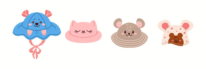 Illustration featuring four whimsical bucket hats with fantasy designs, including a monster, tiger, turtle, and cherry patterns.