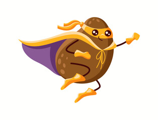 Cartoon potato character in superhero outfit with golden mask, gloves, and boots. The cute flying vegetable hero in a purple cape, running fast with a determined look.