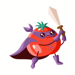Determined tomato superhero holding a sword, dressed in a purple cape and mask. A fearless and adventurous vegetable character promoting action, fun, and creativity.