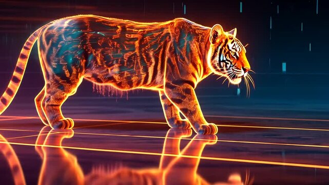 Neon-lit tiger walking through a futuristic digital landscape with glowing lines and patterns