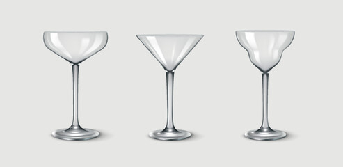 Realistic 3D illustration of a collection of cocktail glasses featuring diverse shapes. Perfect for serving martinis, margaritas, and mixed drinks.