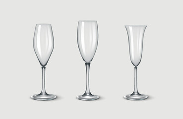 3D realistic illustration of a set of champagne glasses with unique modern shapes. Suitable for premium bars, special occasions, and high-end celebrations.