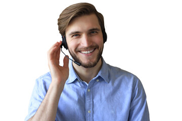 Male customer support operator with headset and smiling on a transparent background