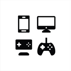 Set of four black and white icons representing different gaming and technology devices, including a tablet, desktop monitor, laptop, and game controller