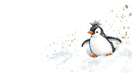 Adorable Watercolor Penguin Playing in the Snow.