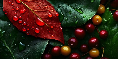 Red les and green les, red les with water droplets on them, black background, red les surrounde