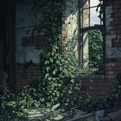 Abandoned brick building overgrown with vines in artistic rendering